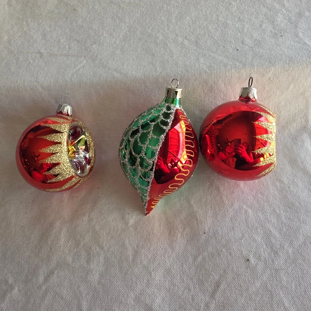 Vintage Glass Christmas Ornaments Red Green 2 Indent + 1 Teardrop Set of 3 Total